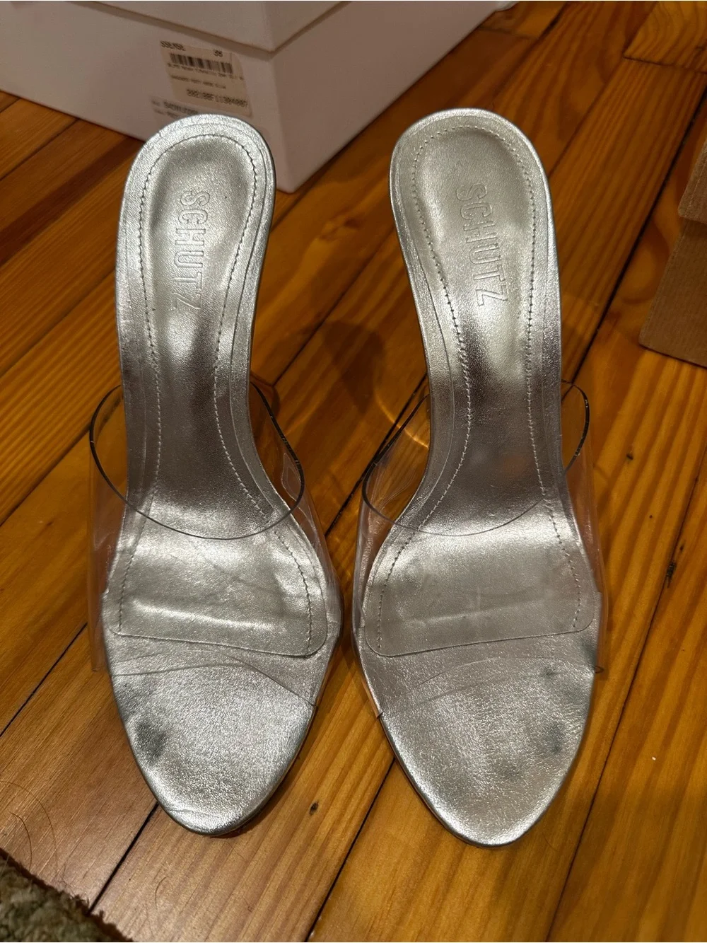 Schutz Aprill Silver Vinyl Wedge Heels